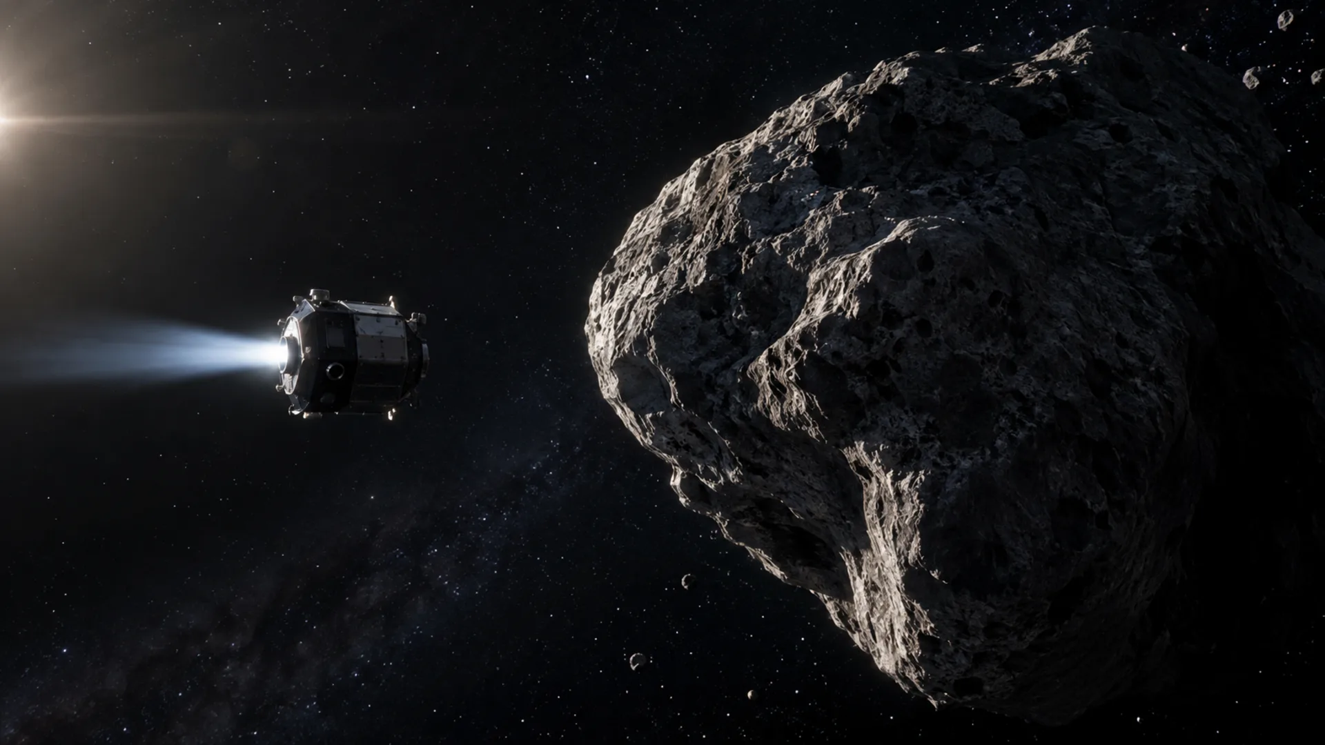 Representação de uma missão espacial observando a Terra e um asteroide distante