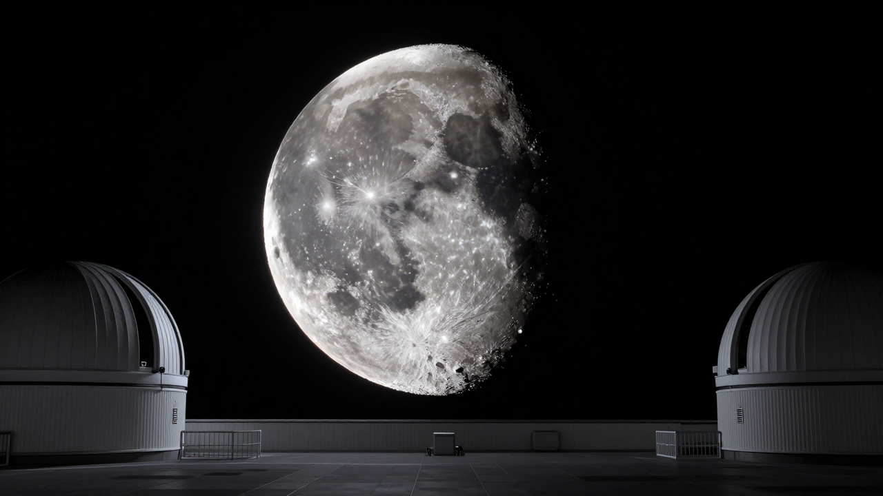 La Luna brillando sobre observatorios durante la noche