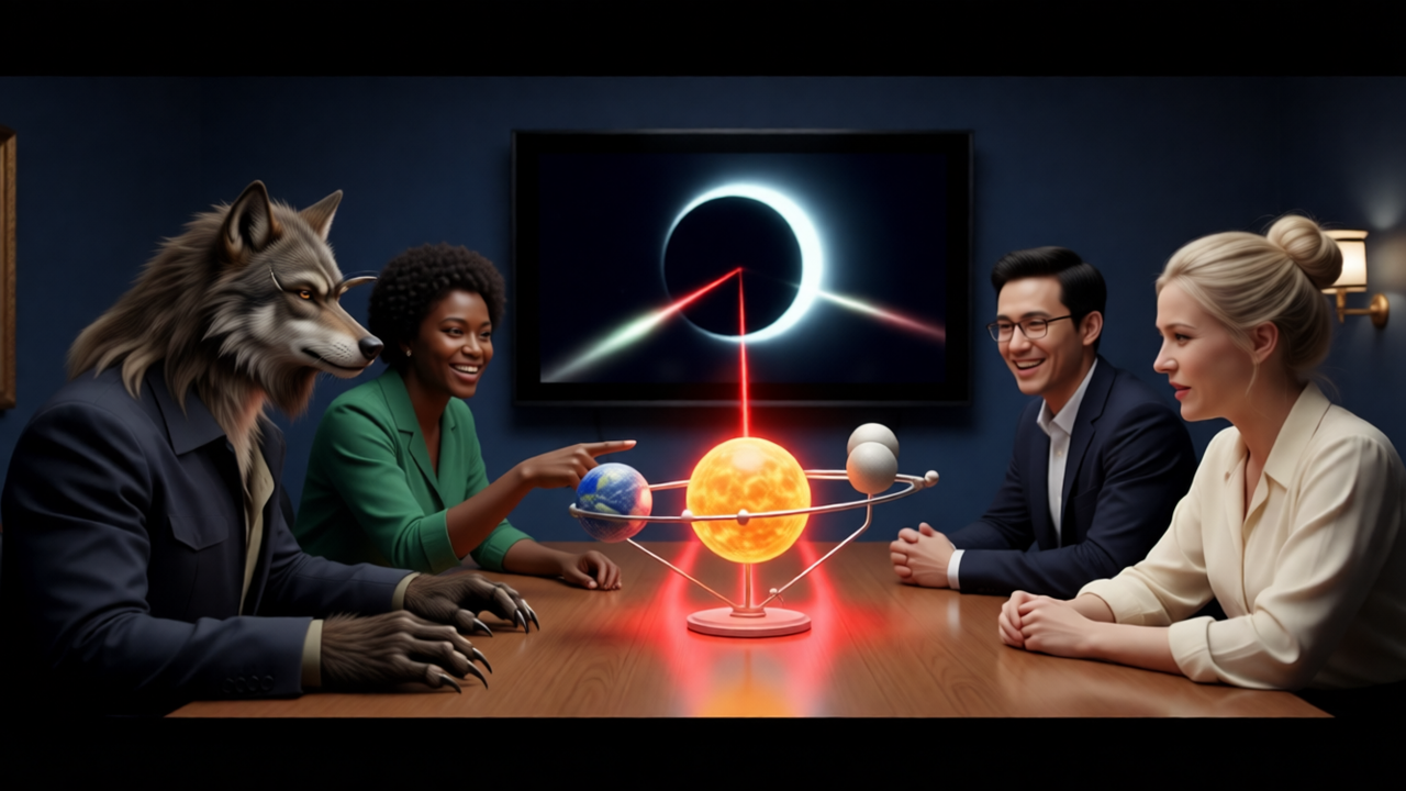 Científicos y un hombre lobo examinando una maqueta del eclipse lunar