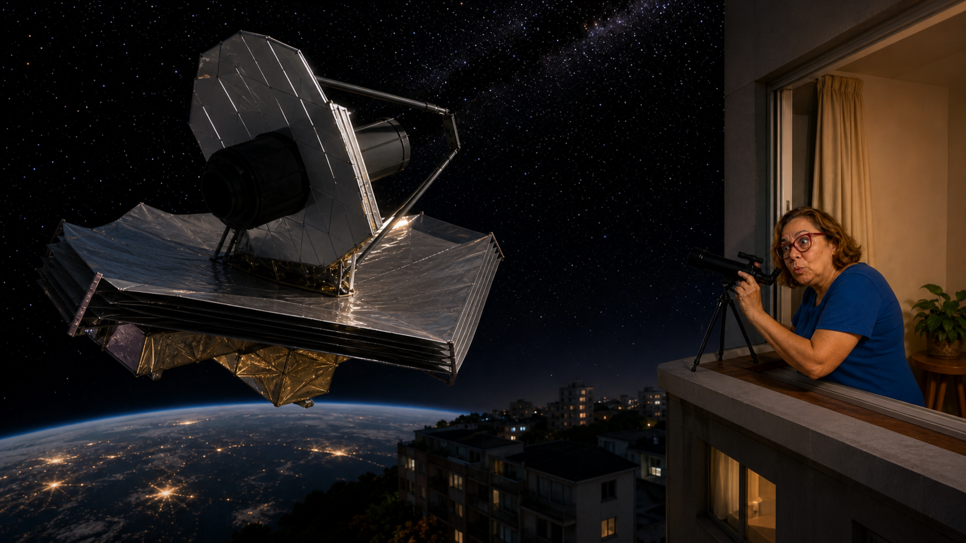 Telescopio espacial Roman sobre la Tierra con una vecina observando el cielo desde una ventana