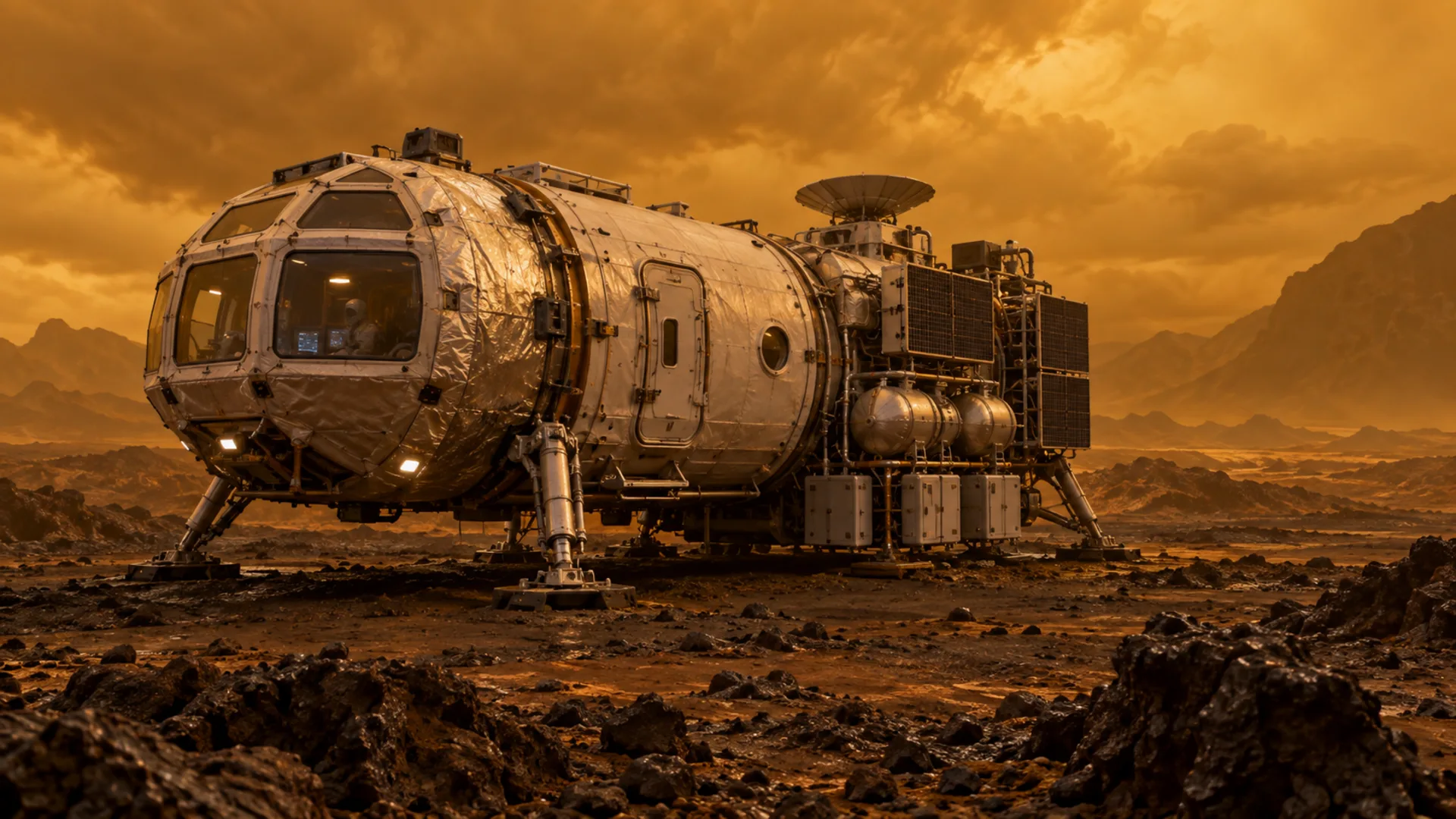 Cápsula espacial posada en un paisaje caliente y rocoso de Venus